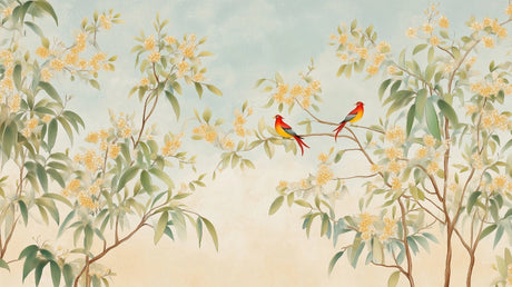 Exotic birds wallpaper design file showing detailed red birds and yellow blossoms pattern