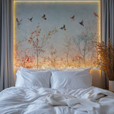 Flying birds wallpaper creating depth in cozy bedroom setting