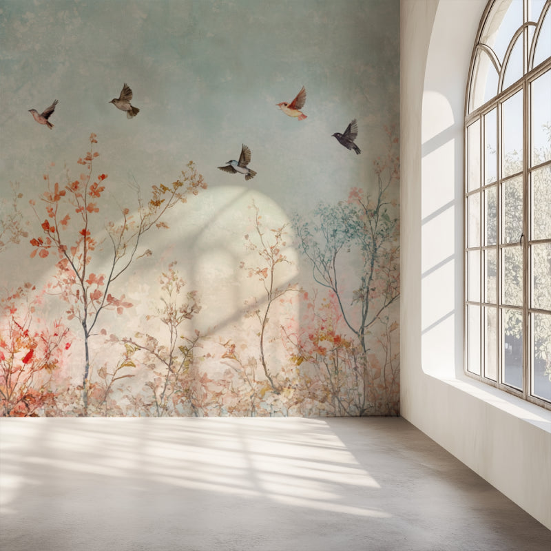Cherry blossom bird mural in peaceful dining room space