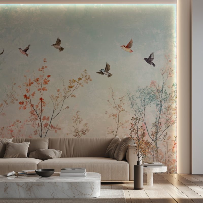 Birds wallpaper creating serene atmosphere in meditation room