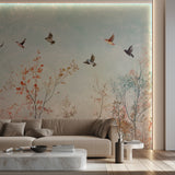 Birds wallpaper creating serene atmosphere in meditation room
