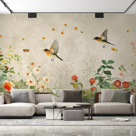 Garden birds wallpaper with robins and butterflies displayed in a bright modern living room, showing scale and natural light effect
