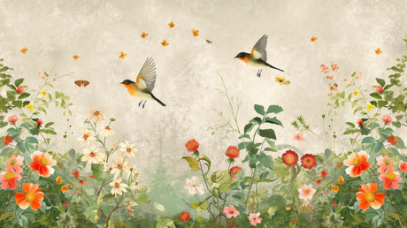 Robin and butterfly garden wallpaper design file showing detailed pattern and natural colors