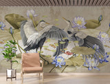 Elegant Heron wallpaper in modern living room creating a peaceful atmosphere with water lily design