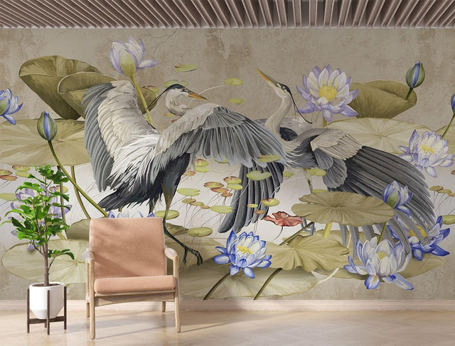 Elegant Heron wallpaper in modern living room creating a peaceful atmosphere with water lily design
