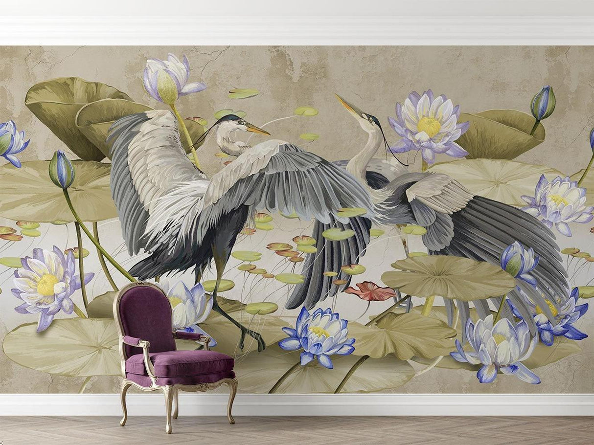 Bird wall mural featuring herons in master bedroom showing scale and luxury feel