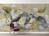 Bird wall mural featuring herons in master bedroom showing scale and luxury feel