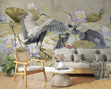 Heron and water lily wallpaper in dining room with natural lighting