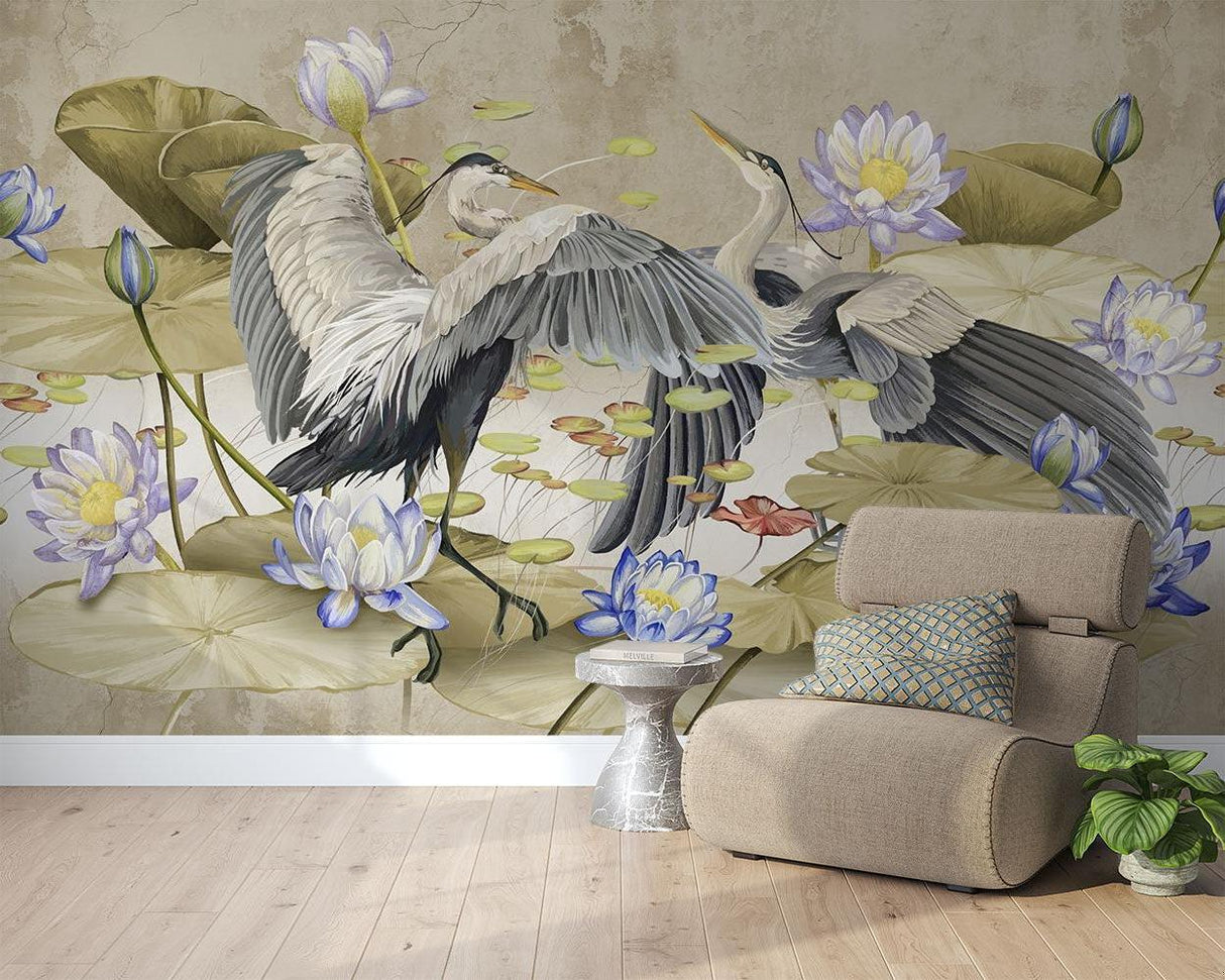 Nature wallpaper with herons displayed in home office setting