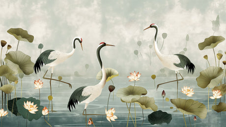 Japanese crane wallpaper styled in a modern living room, showing elegant white cranes among pink lotus flowers