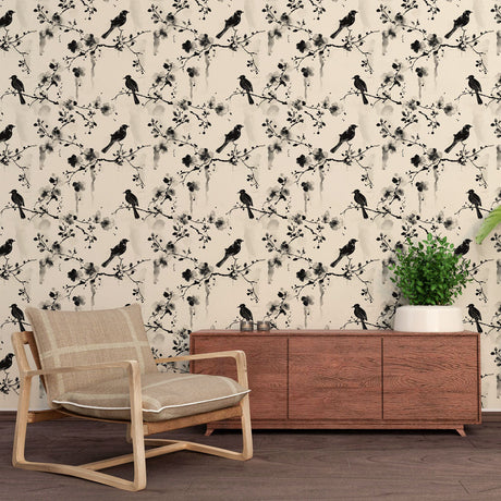 Japanese bird wallpaper with cherry blossoms creating a zen atmosphere in a modern living room with natural light
