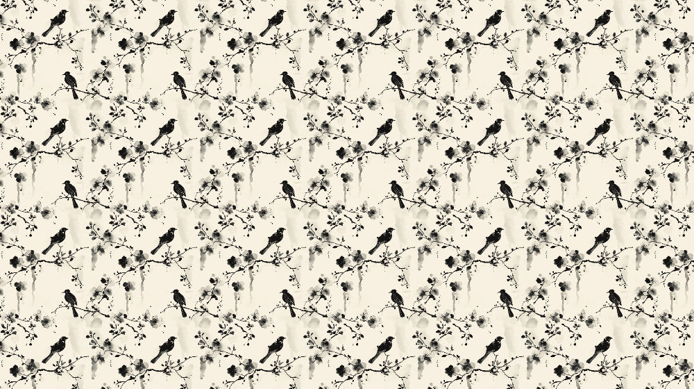 Black and white Japanese bird pattern design file with delicate cherry blossom branches
