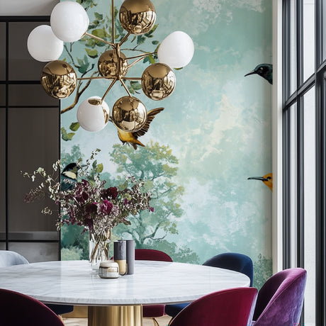 Birds Wallpaper Mural creating a peaceful atmosphere in a modern living room with mint green accents