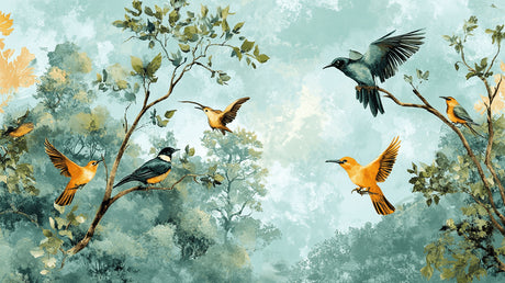 Birds Wallpaper design file showing detailed mint green forest pattern with flying birds