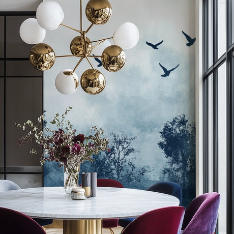 Forest birds wallpaper creating depth in a modern living room with grey furniture