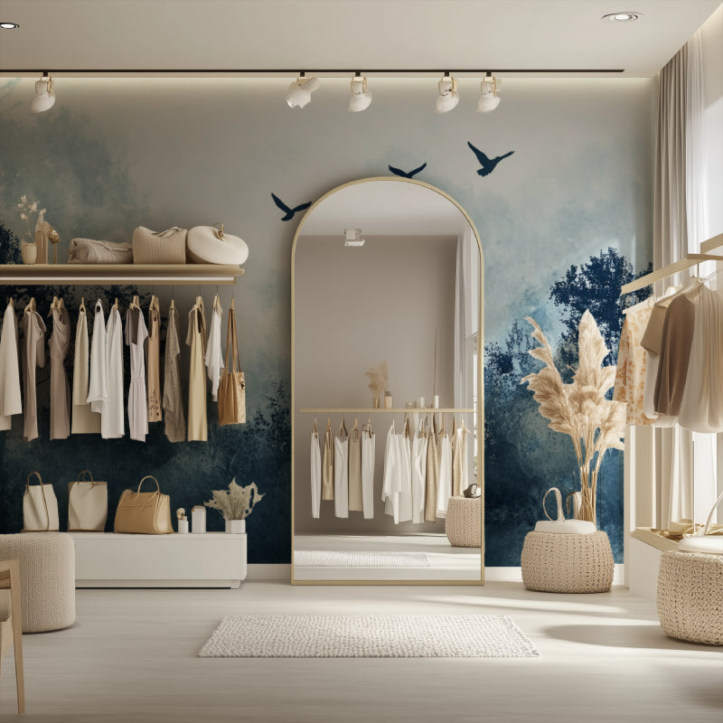 Forest wallpaper with birds adding movement to a dining room wall