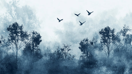 Forest birds wallpaper design file showing full misty pattern and silhouettes