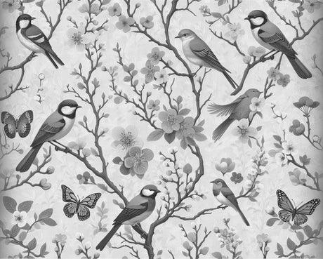 Monochrome bird and cherry blossom wallpaper design file showing intricate pattern details