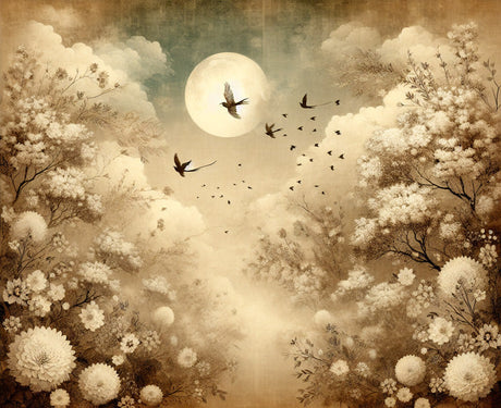 Birds Mural Wallpaper design file showing detailed sepia garden pattern with flying birds and moon