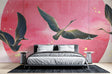 Oriental birds wallpaper with pink moon creates a peaceful atmosphere in a modern bedroom setting