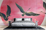 Oriental birds wallpaper with pink moon creates a peaceful atmosphere in a modern bedroom setting