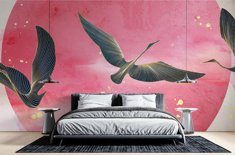 Oriental birds wallpaper with pink moon creates a peaceful atmosphere in a modern bedroom setting