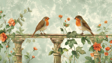 Garden birds wallpaper with robins and roses creating a cozy atmosphere in a bright living room setting