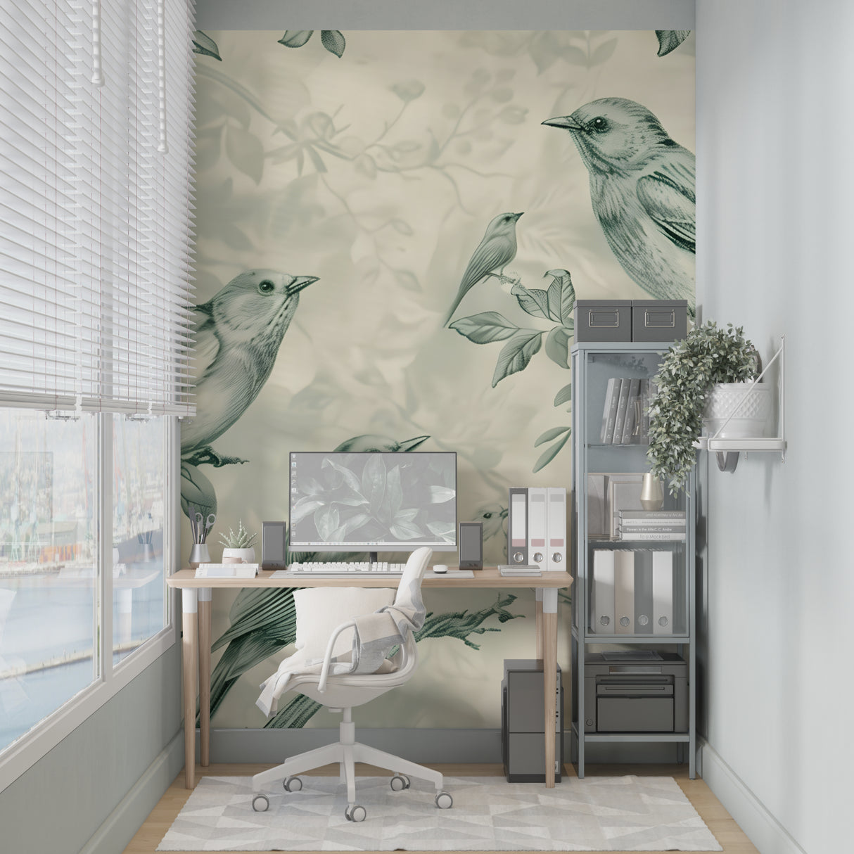 Green bird wallpaper adding character to an entrance hallway