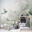 Birds wallpaper in bright modern living room showing hummingbirds and sage green florals