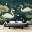 Swan lake wallpaper mural in an elegant master bedroom, creating a serene atmosphere with emerald and white tones