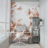 Birds forest mural in cozy bedroom setting with wooden furniture and soft lighting