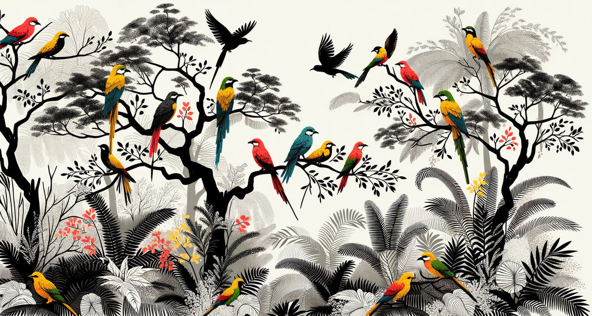 Tropical birds wallpaper bringing life to a modern living room with grey sofa and natural light