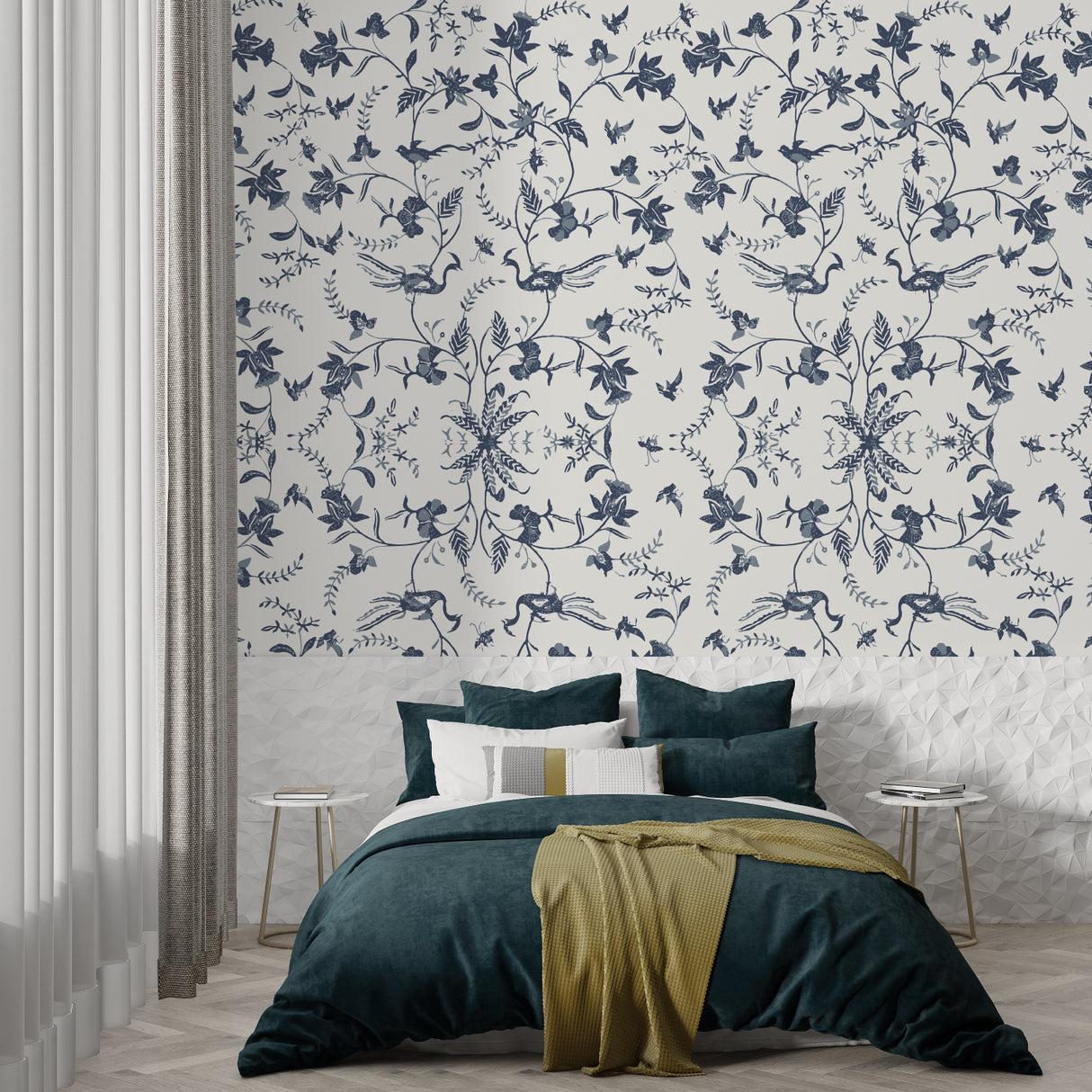 Vintage bird pattern wallpaper adding French charm to a powder room with brass fixtures