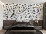 Classic blue bird pattern in a modern home office with minimal furniture