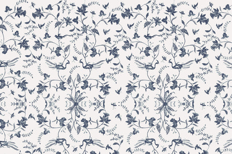 Design file showing intricate details of blue Toile de Jouy bird and botanical pattern