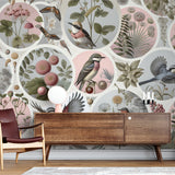 Vintage bird and botanical circle wallpaper in a bright dining room, showing how the soft pink and grey tones create a peaceful atmosphere
