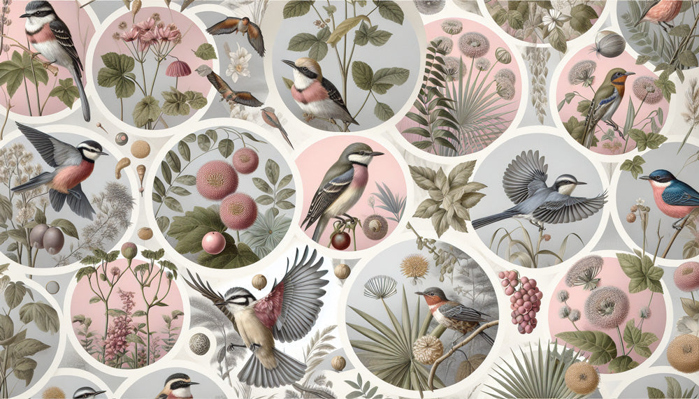 Bird and botanical circles design file showing detailed vintage illustrations and pattern repeat