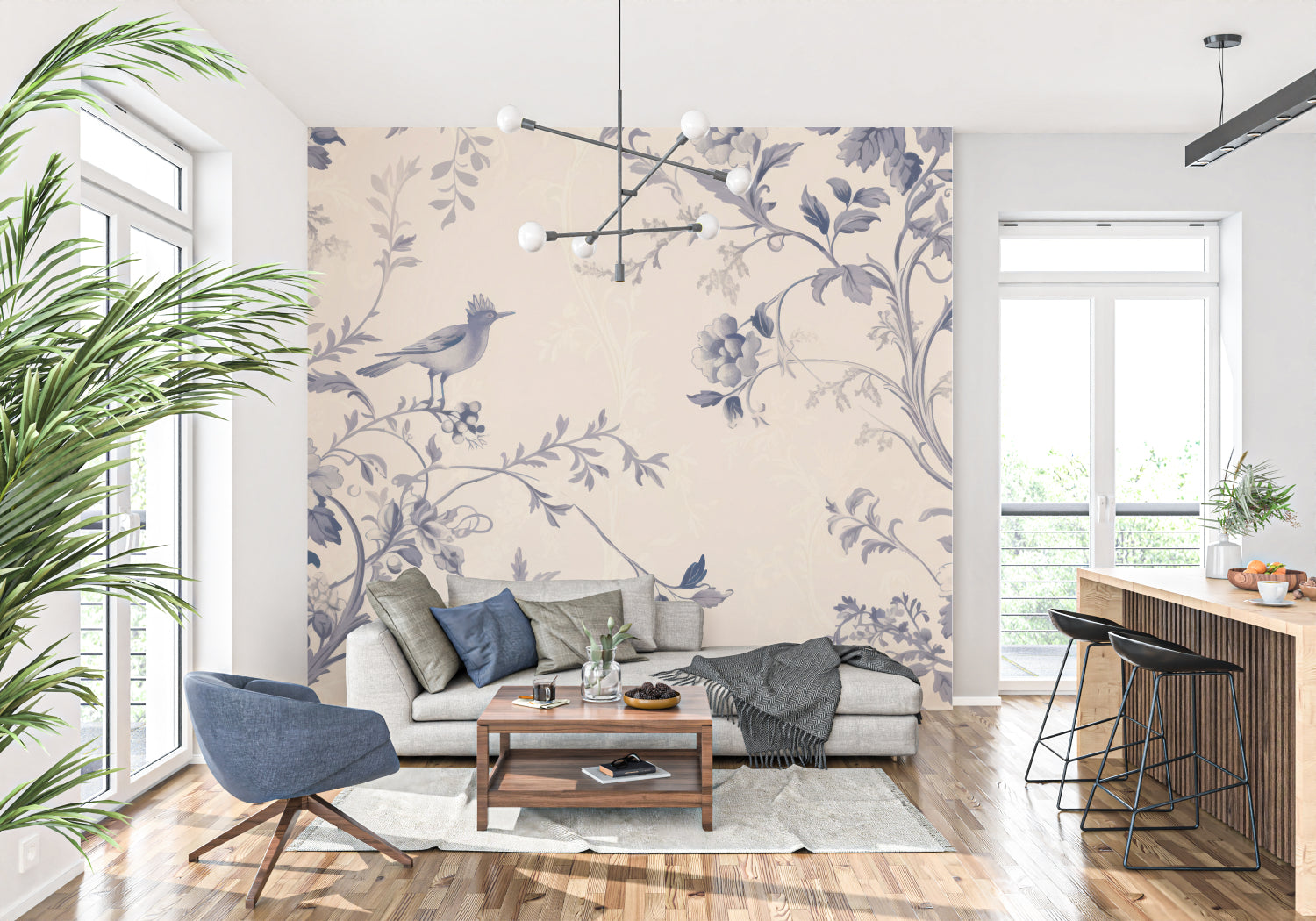 Blue and beige Bird Mural Wallpaper creating a peaceful atmosphere in a bright living room setting