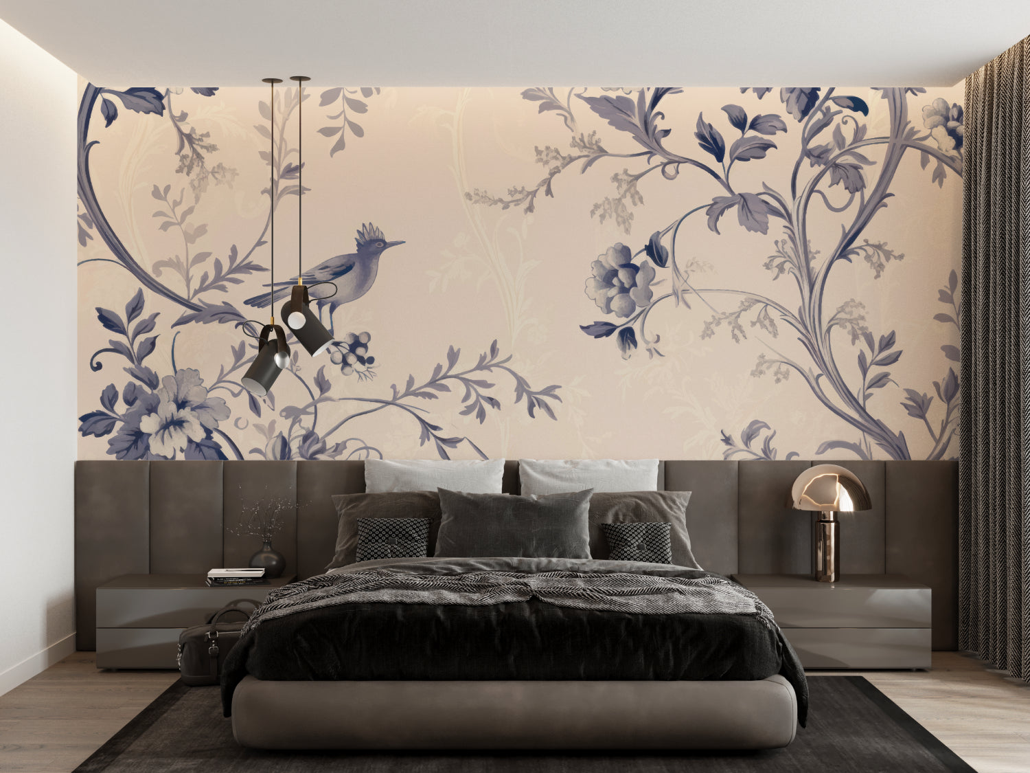 Classic toile Bird Wallpaper making a statement in a cozy bedroom