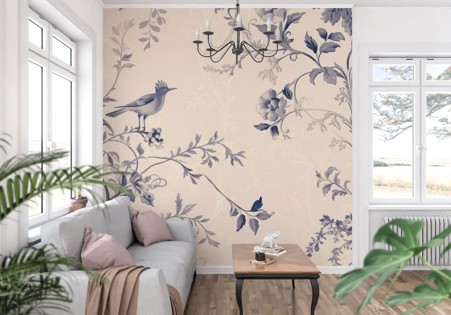 Blue and beige Bird Mural featuring vintage floral patterns in a home office setting