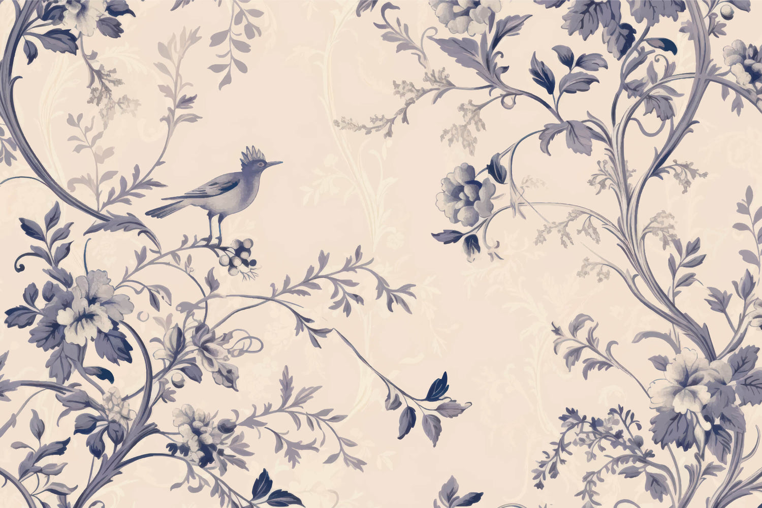 Detailed design file of Bird Wallpaper showing intricate blue and beige floral pattern with graceful birds