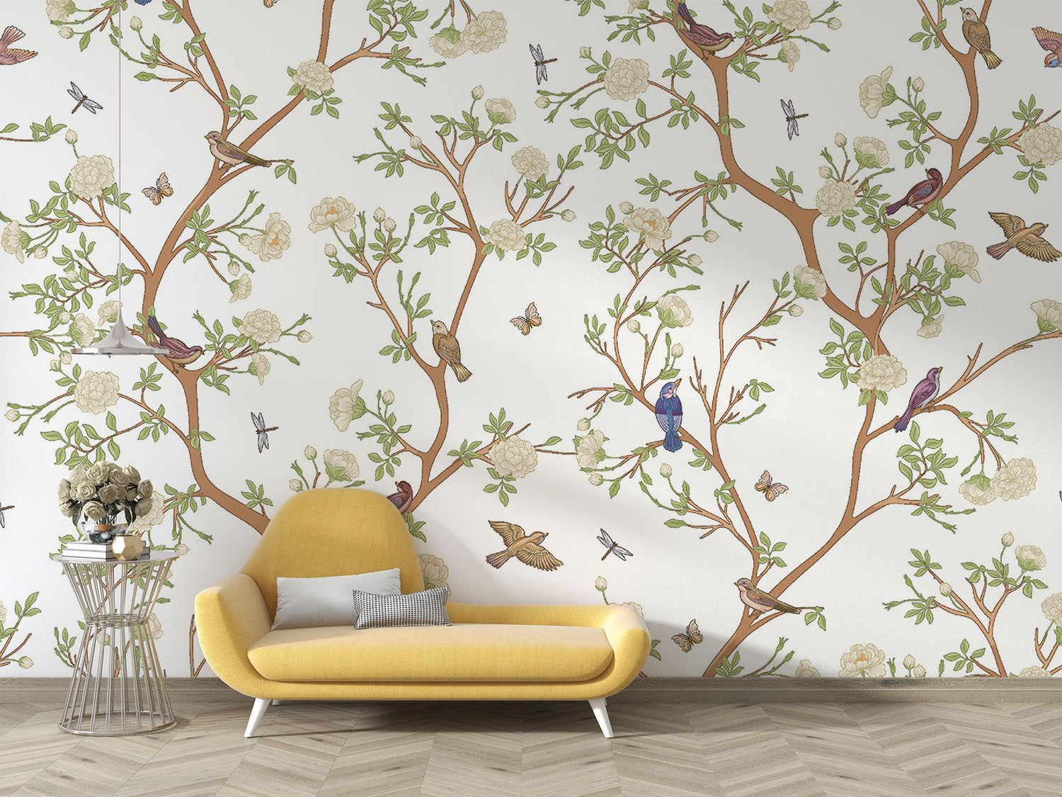 Birds and butterflies wallpaper mural in bright modern living room showing scale and natural light interaction