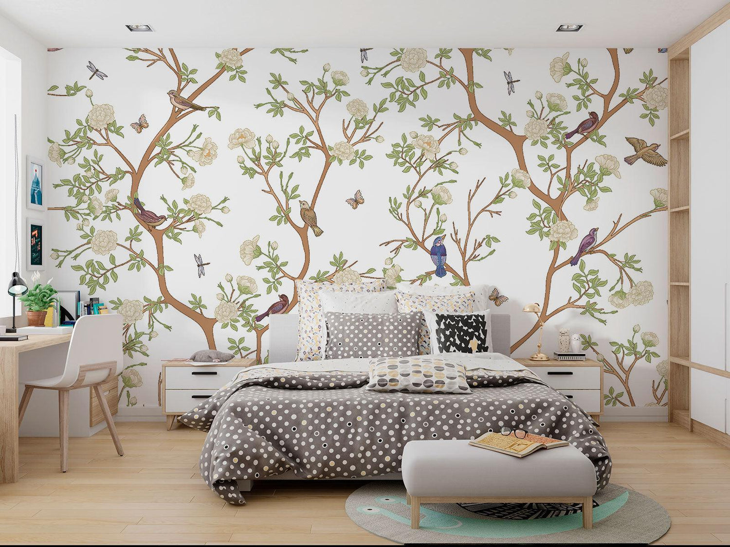 Vintage bird wallpaper creating calm atmosphere in master bedroom with morning light