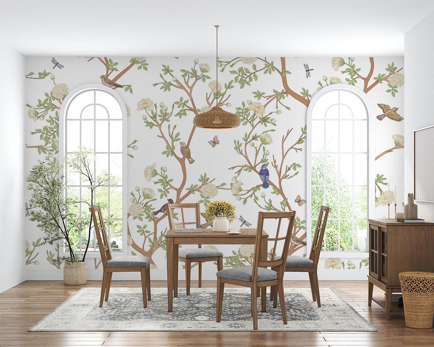 Garden birds mural adding natural charm to dining room with white furniture