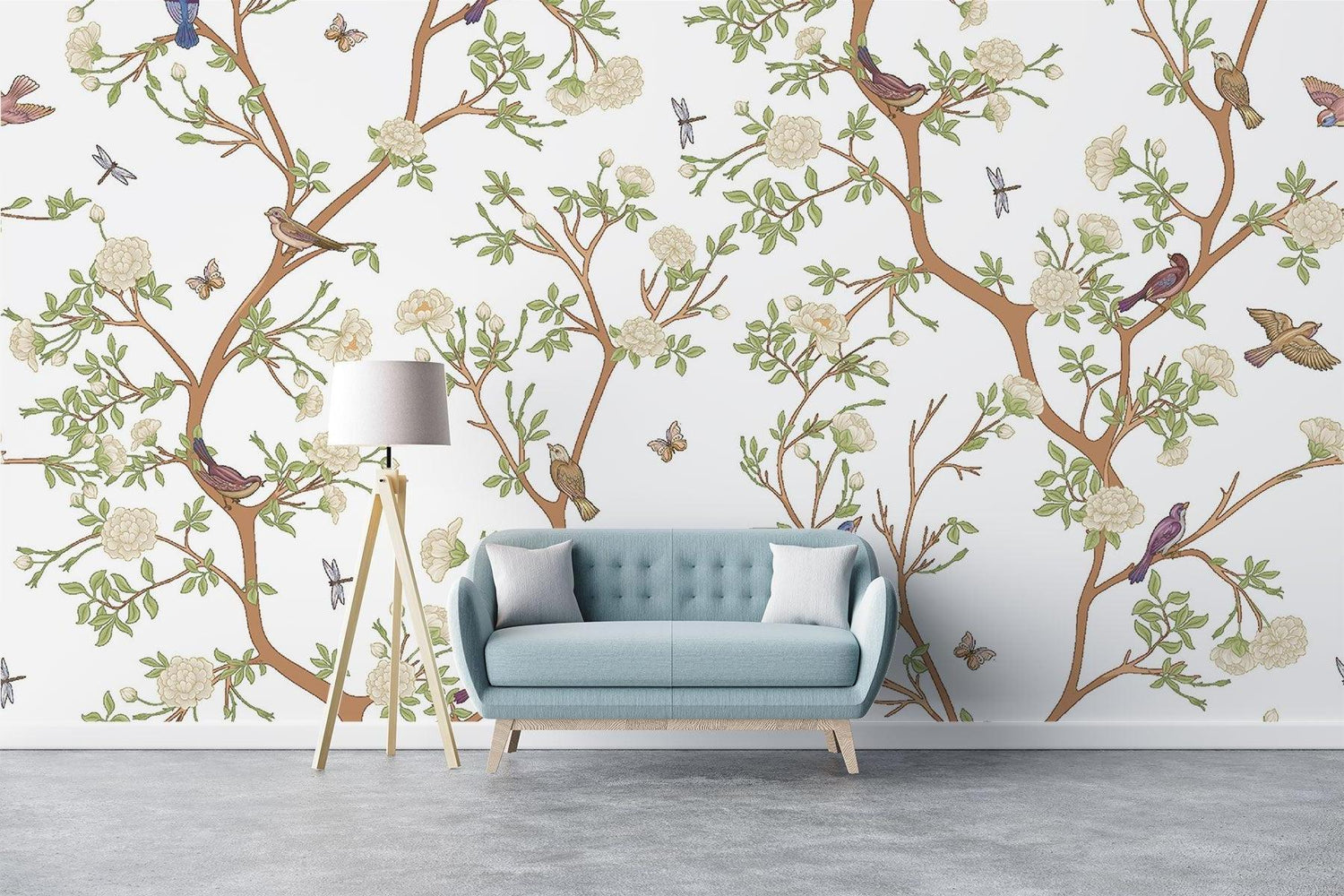 Floral bird wallpaper bringing garden feel to home office space