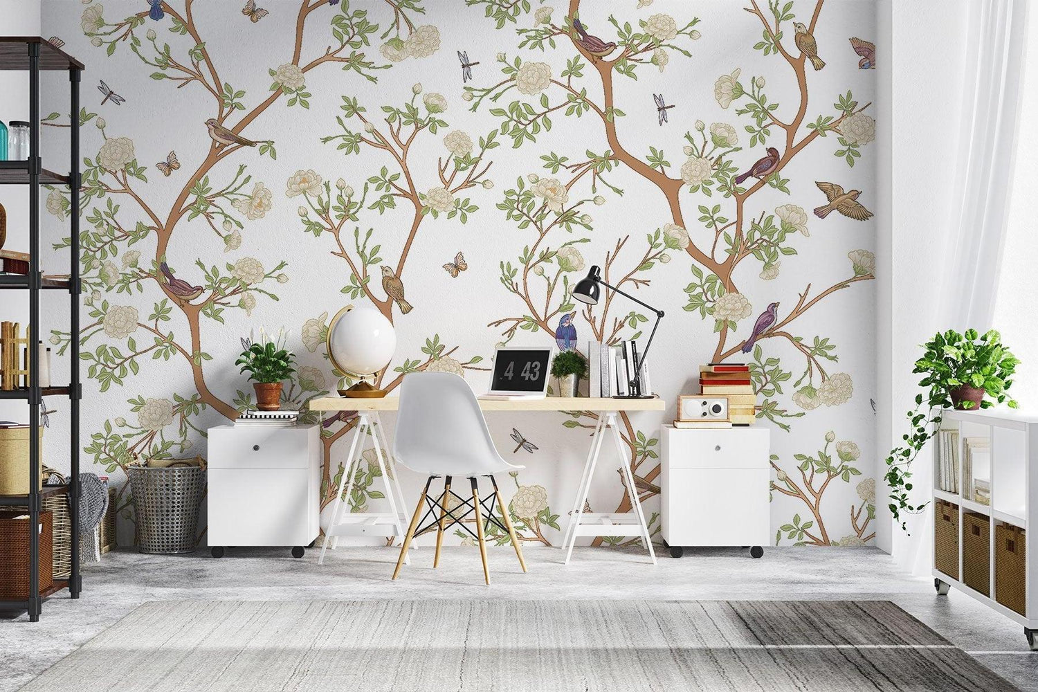 Birds and butterflies mural creating peaceful reading nook in corner space