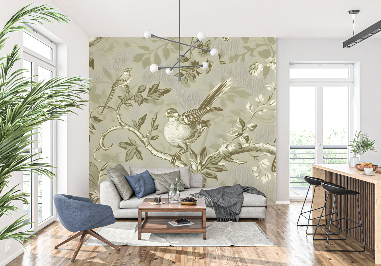 Classic bird wallpaper enhancing a cozy reading nook with natural light
