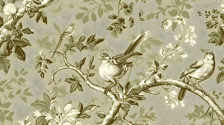 Design file showing intricate details of sage green vintage bird pattern with botanical elements