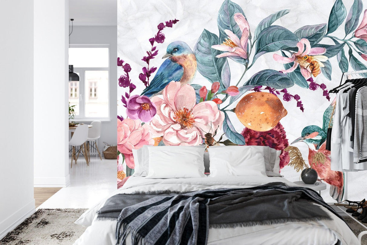 Watercolor bird wallpaper creating a peaceful atmosphere in a bright dining room with natural light