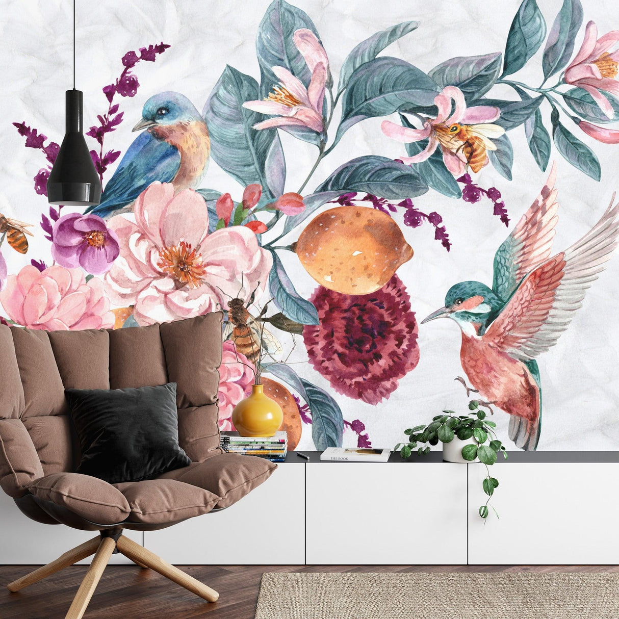 Hummingbird and floral mural wallpaper adding charm to a modern living room setting